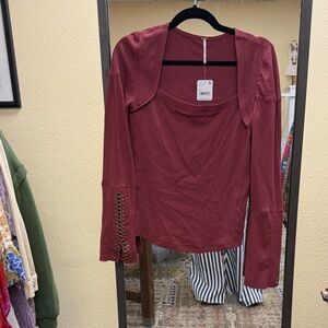 Free People Burgundy Long Sleeve Knit Top with Grommet Cuffs